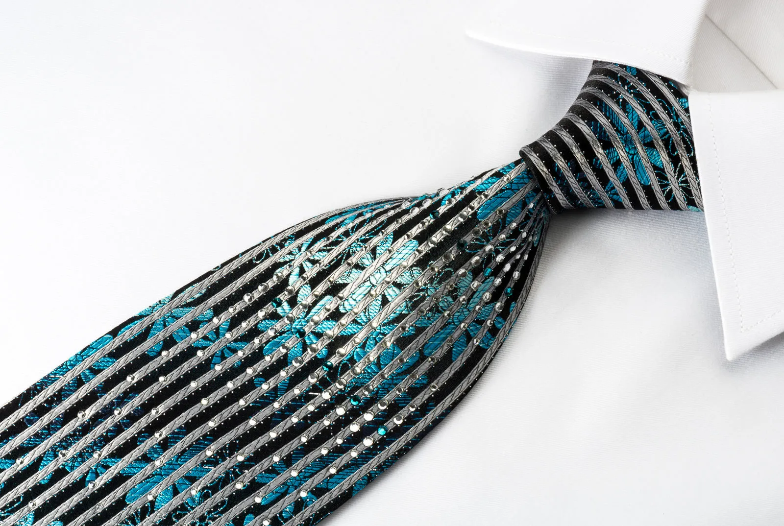 Paco Rabanne Silk Rhinestone Necktie Floral Silver Stripes On Blue With Sparkles