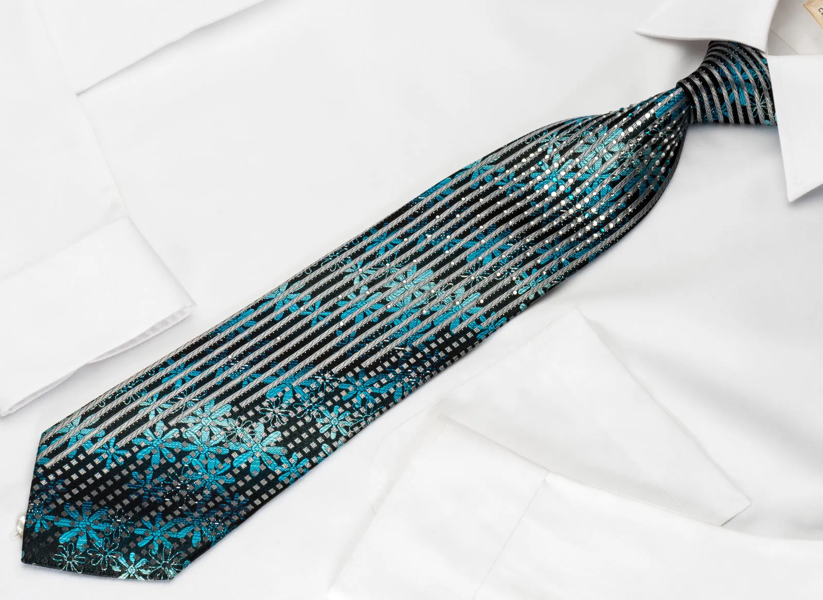 Paco Rabanne Silk Rhinestone Necktie Floral Silver Stripes On Blue With Sparkles