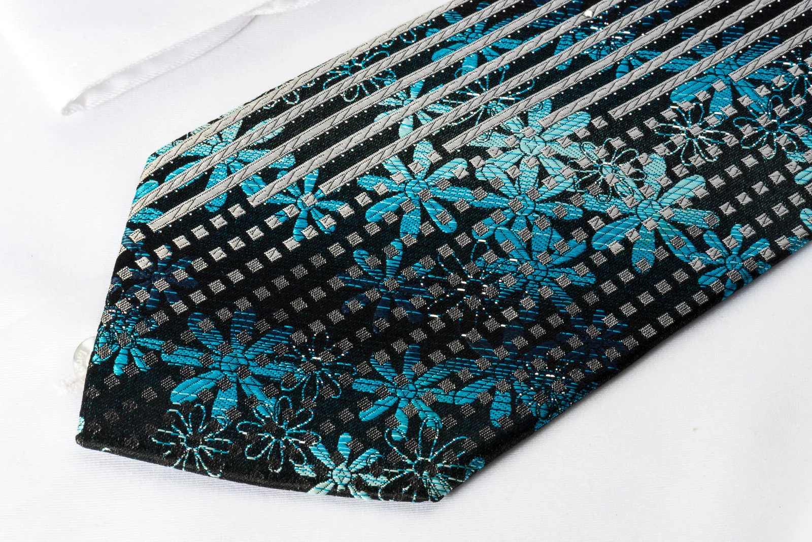 Paco Rabanne Silk Rhinestone Necktie Floral Silver Stripes On Blue With Sparkles