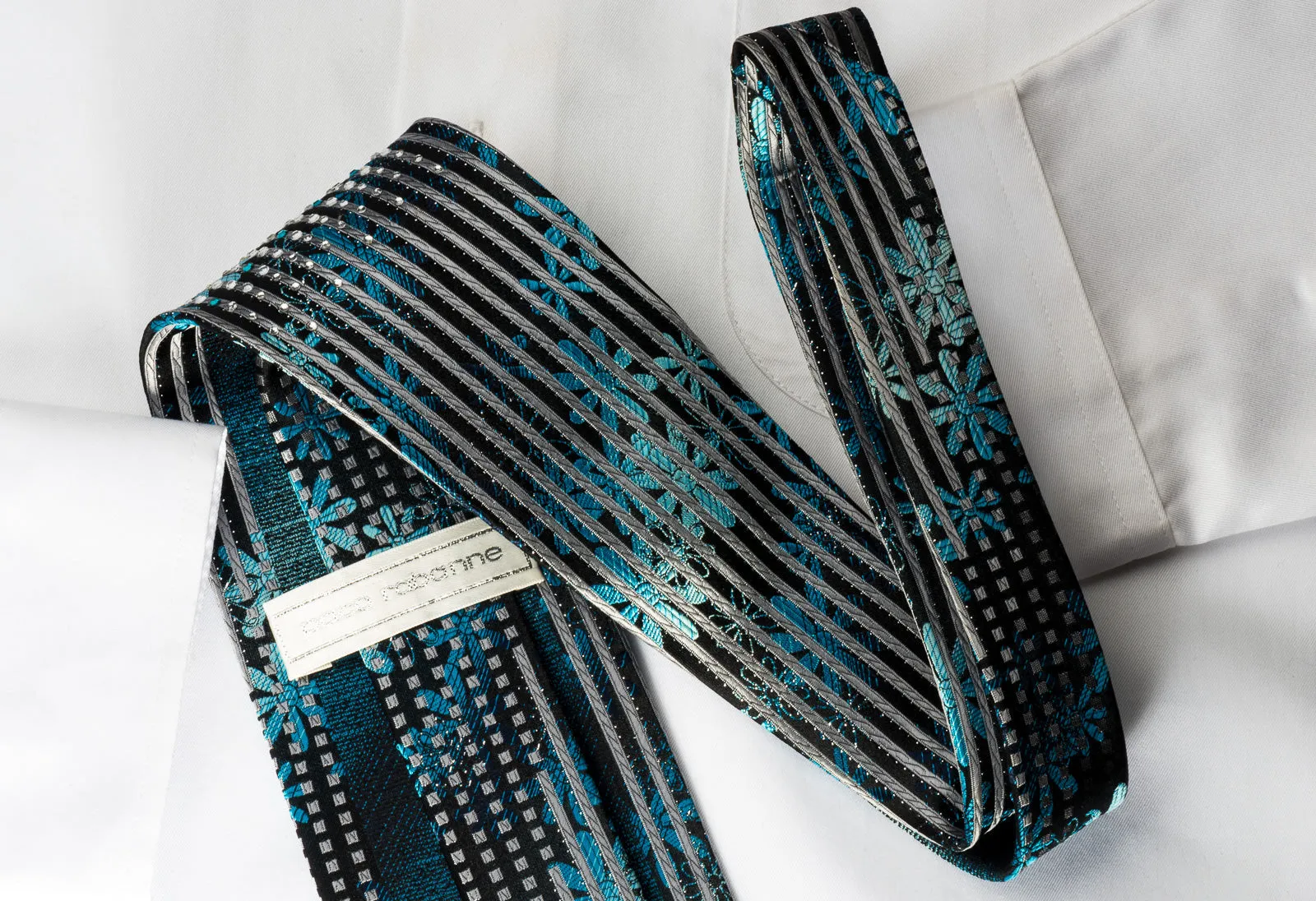 Paco Rabanne Silk Rhinestone Necktie Floral Silver Stripes On Blue With Sparkles