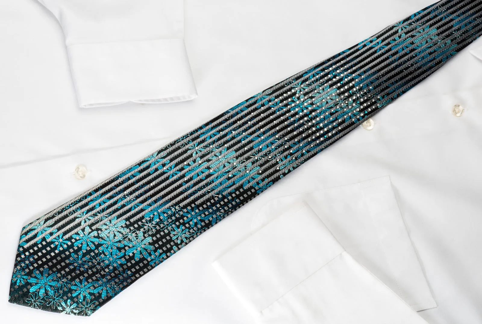 Paco Rabanne Silk Rhinestone Necktie Floral Silver Stripes On Blue With Sparkles