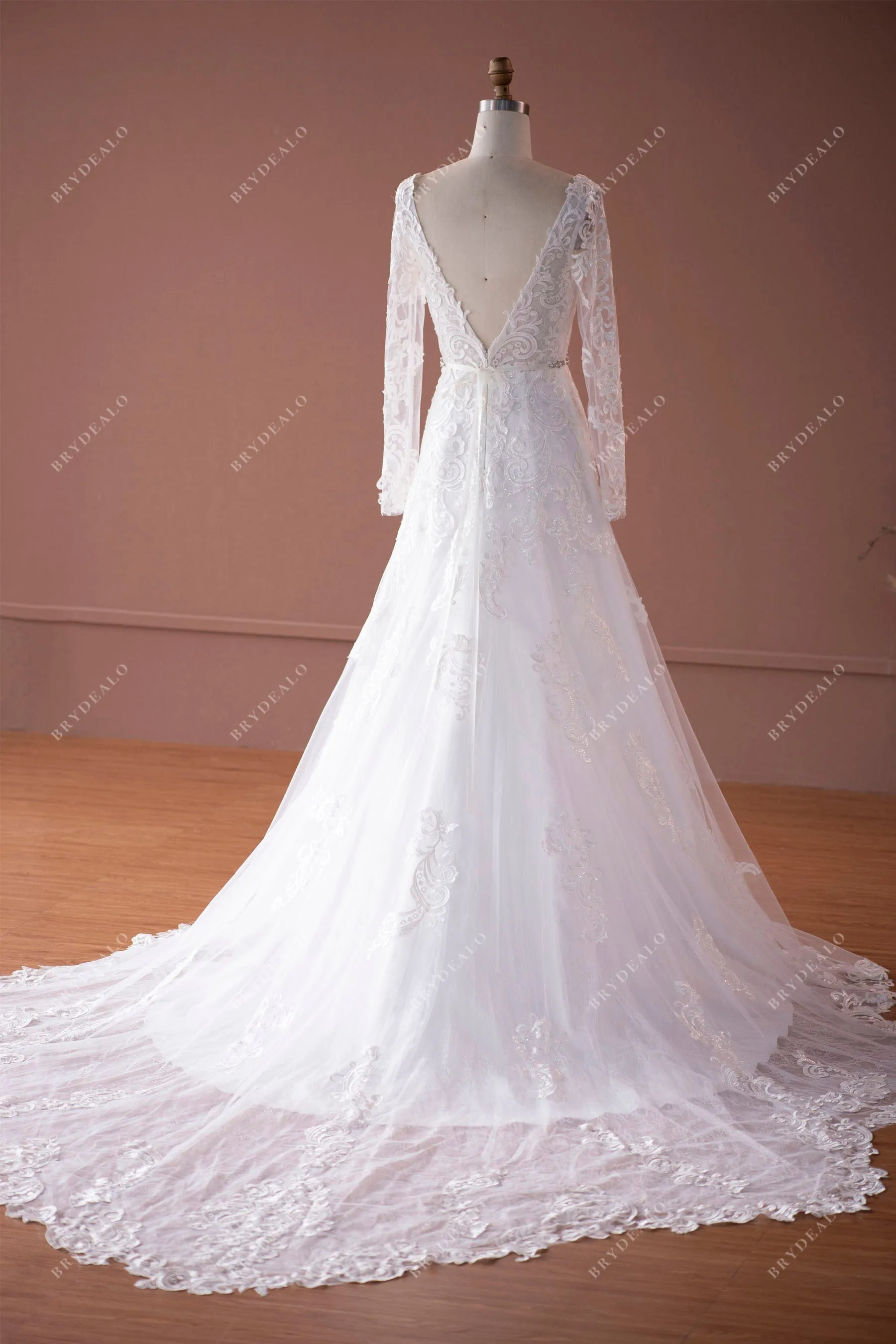 Sheer Sleeved Lace Plunging Neck Charming Fit and Flare Bridal Dress