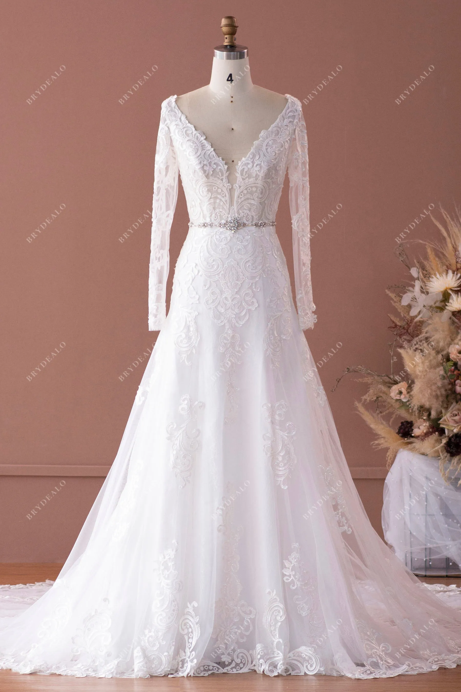 Sheer Sleeved Lace Plunging Neck Charming Fit and Flare Bridal Dress