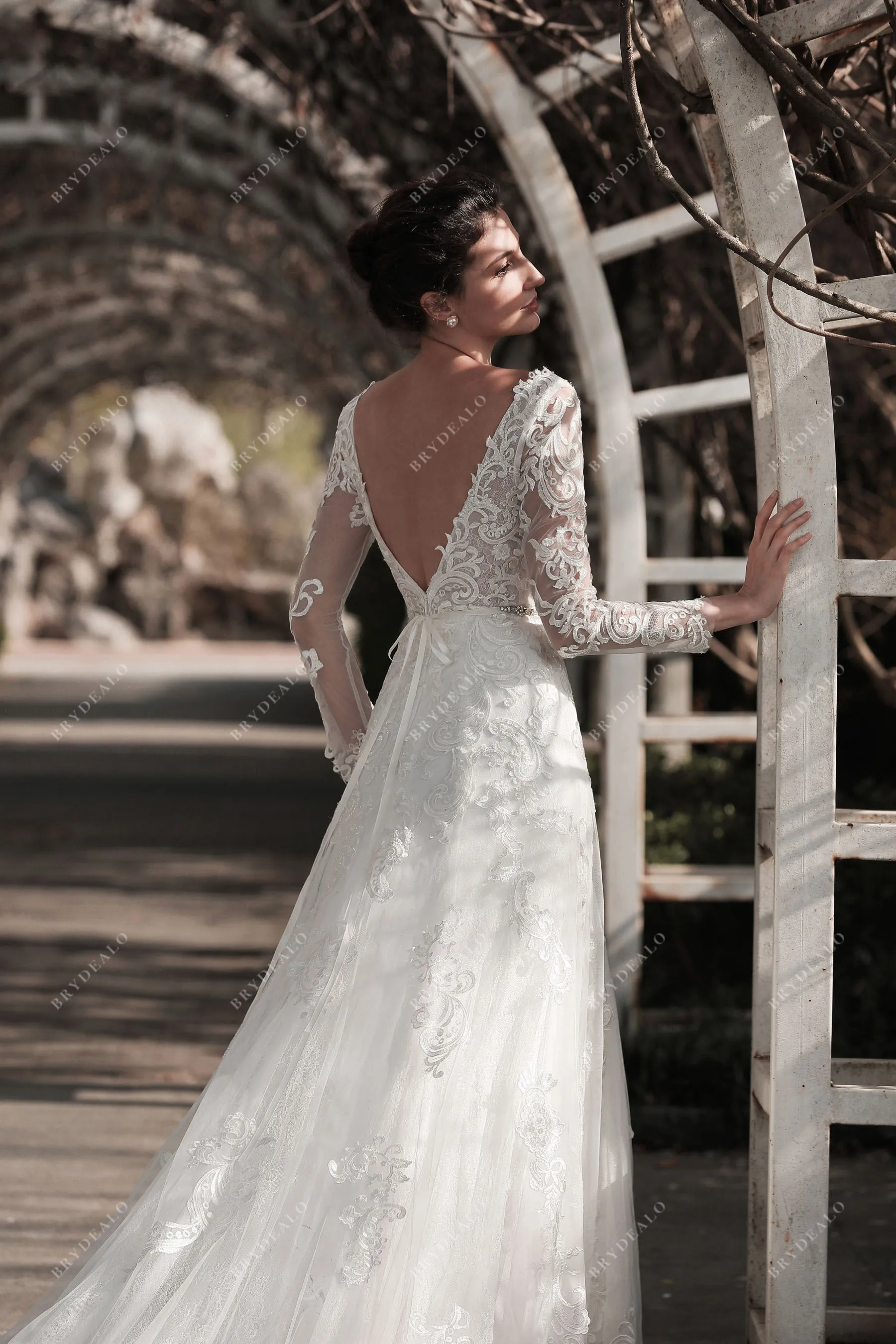 Sheer Sleeved Lace Plunging Neck Charming Fit and Flare Bridal Dress