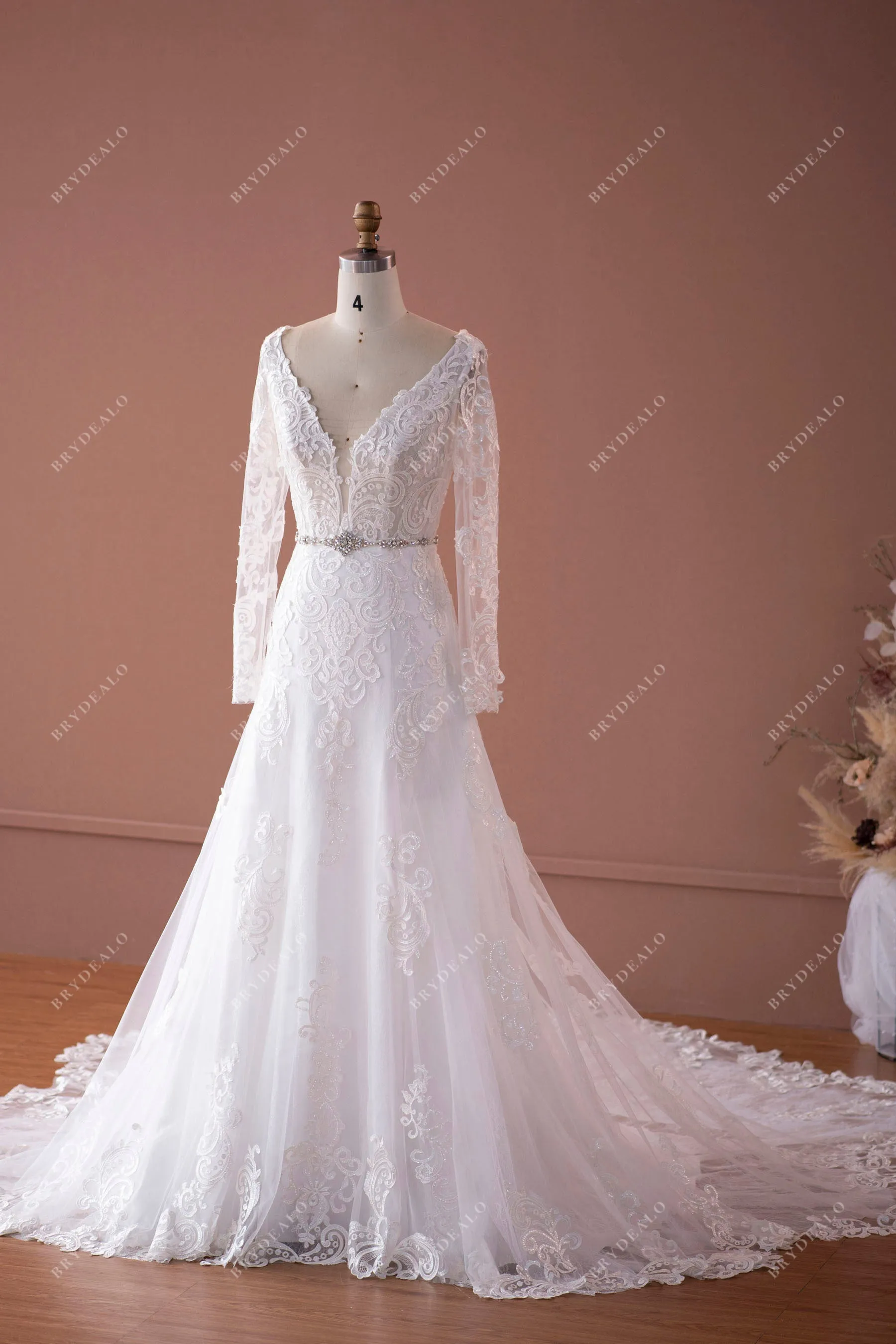 Sheer Sleeved Lace Plunging Neck Charming Fit and Flare Bridal Dress