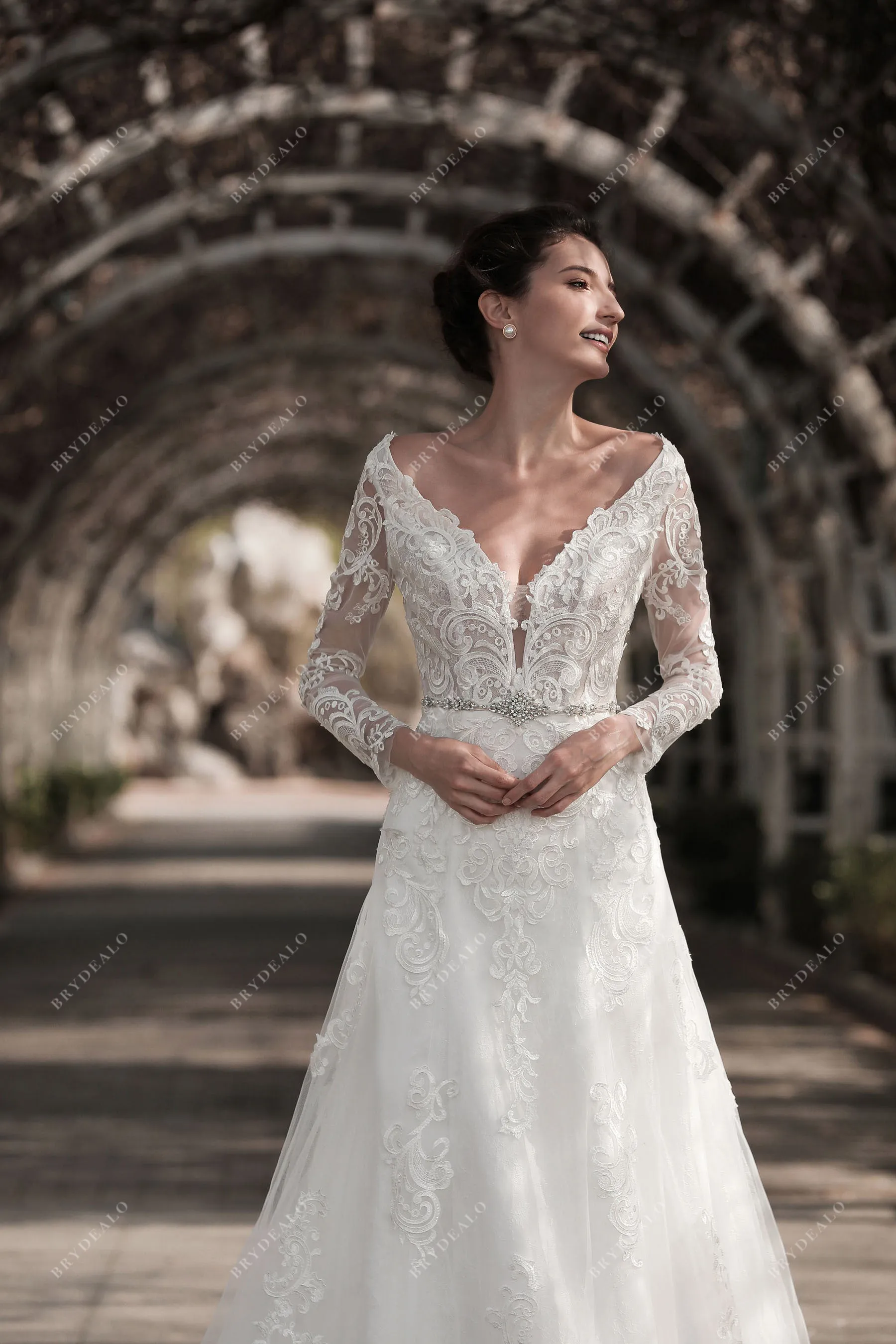 Sheer Sleeved Lace Plunging Neck Charming Fit and Flare Bridal Dress