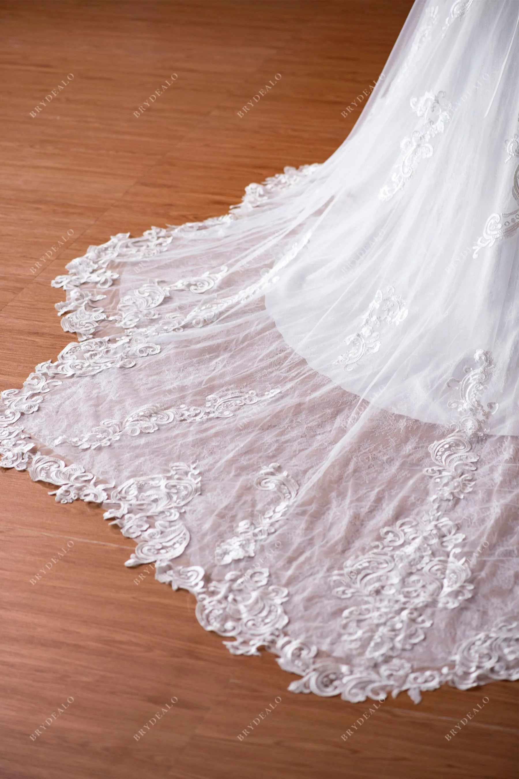 Sheer Sleeved Lace Plunging Neck Charming Fit and Flare Bridal Dress