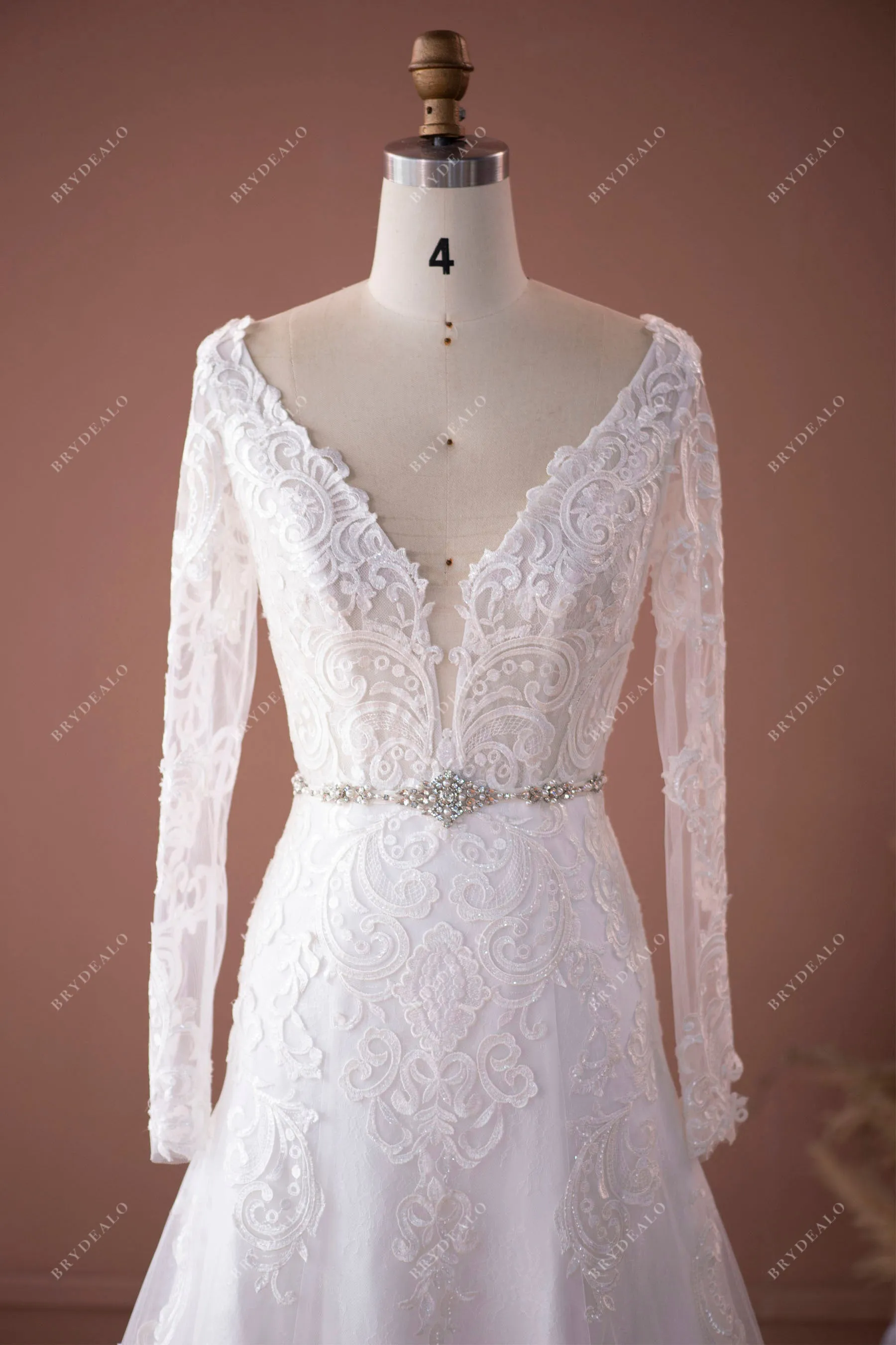 Sheer Sleeved Lace Plunging Neck Charming Fit and Flare Bridal Dress